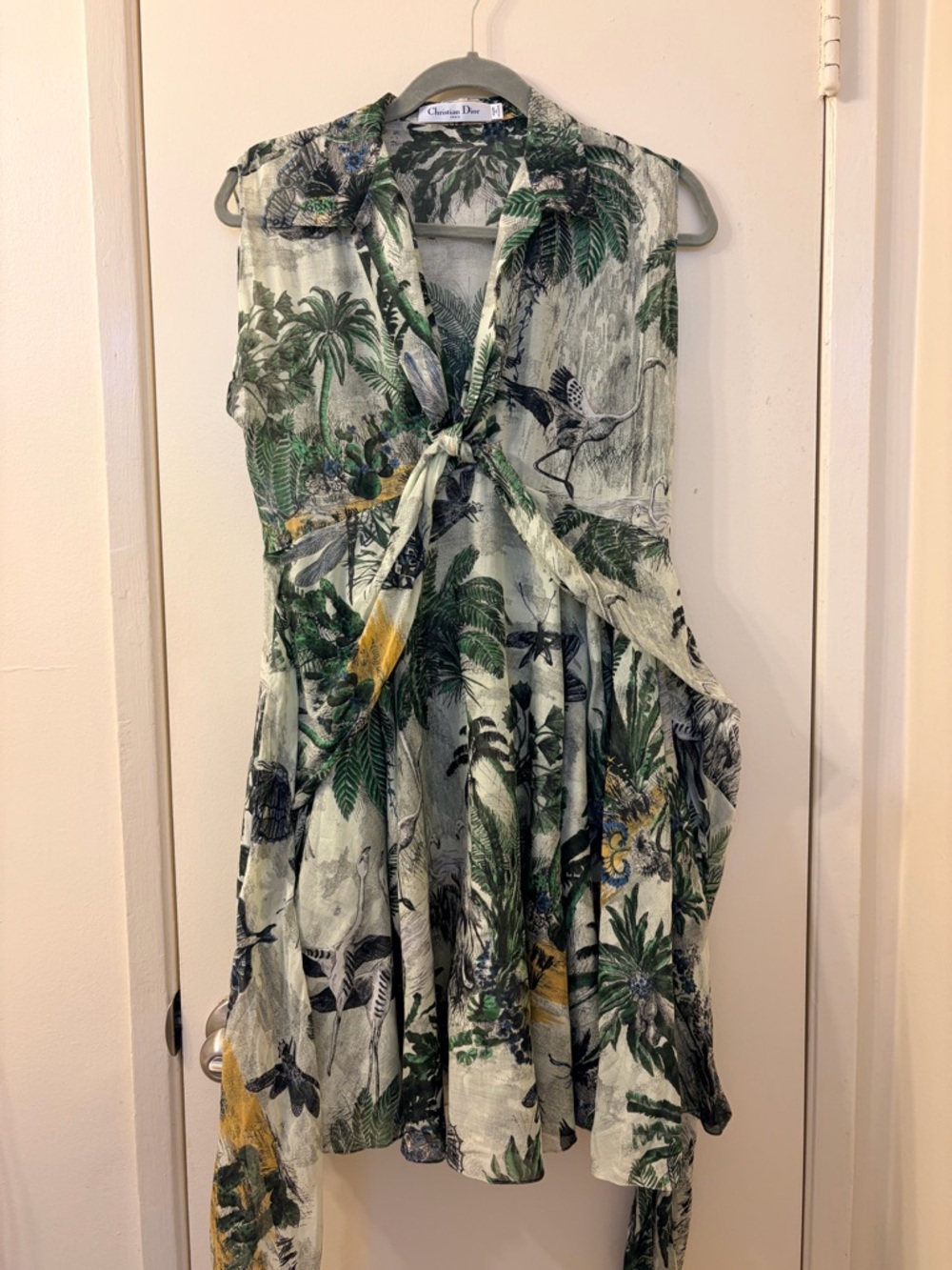 Dior Green and Black Tropical Print Collared Dress